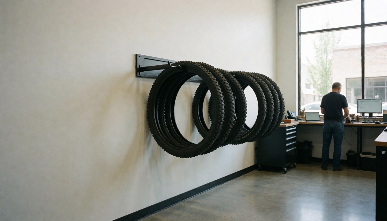 Bandes de pneus de vélo de montagne accrochées sur un mur blanc, un homme travaillant à un bureau avec un ordinateur, sol en béton poli, intérieur d'un atelier de réparation de vélos.