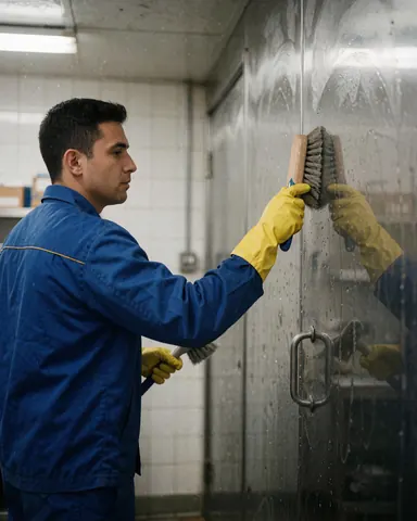 Un professionnel en uniforme bleu et gants jaunes nettoie une paroi en acier inoxydable avec une brosse dans une usine industrielle sous éclairage fluorescent.
