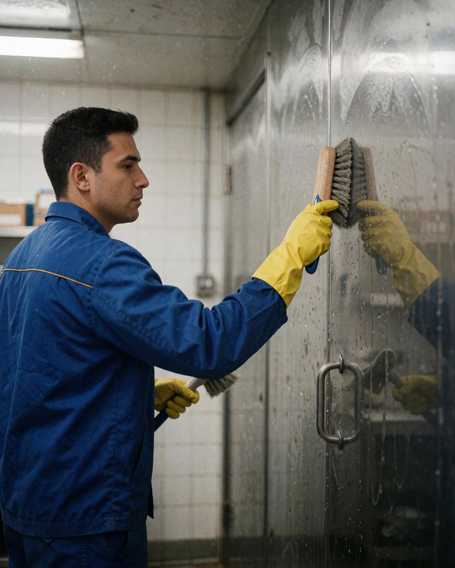 Un professionnel en uniforme bleu et gants jaunes nettoie une paroi en acier inoxydable avec une brosse dans une usine industrielle sous éclairage fluorescent.