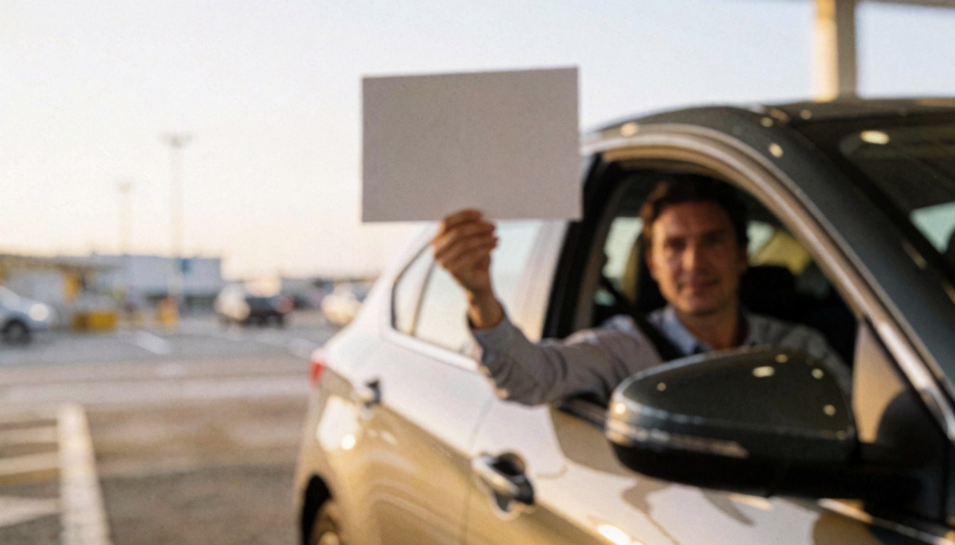 Chauffeur de taxi tenant une pancarte dans un aéroport, avec un arrière-plan flou idéal pour ajouter du texte.