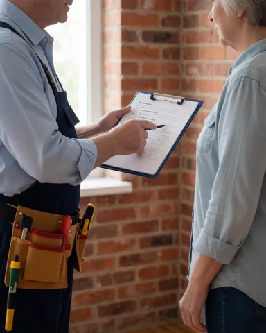 Un technicien en uniforme explique une liste de contrôle à un client dans une cuisine avec un mur en briques rouges.