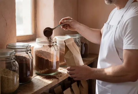 Un employé remplit un sachet avec du cacao en poudre à l'aide d'une louche, dans un environnement en bois avec des bocaux en verre et une lumière naturelle.