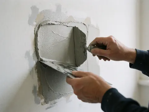 Une main utilise un outil pour appliquer du mastic gris dans une fissure d'un mur afin de réparer la surface endommagée.