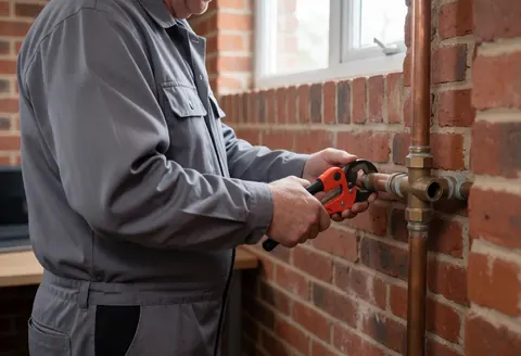 Un plombier en uniforme gris utilise un coupe-tube rouge pour couper un tuyau en cuivre devant un mur de briques éclairé par la lumière naturelle.