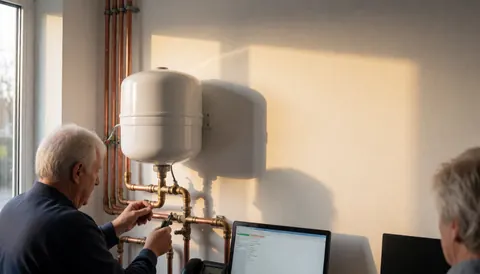 Un technicien ajuste des tuyaux en cuivre près d'un réservoir d'expansion blanc dans une salle de chauffage bien éclairée par la lumière du coucher de soleil.