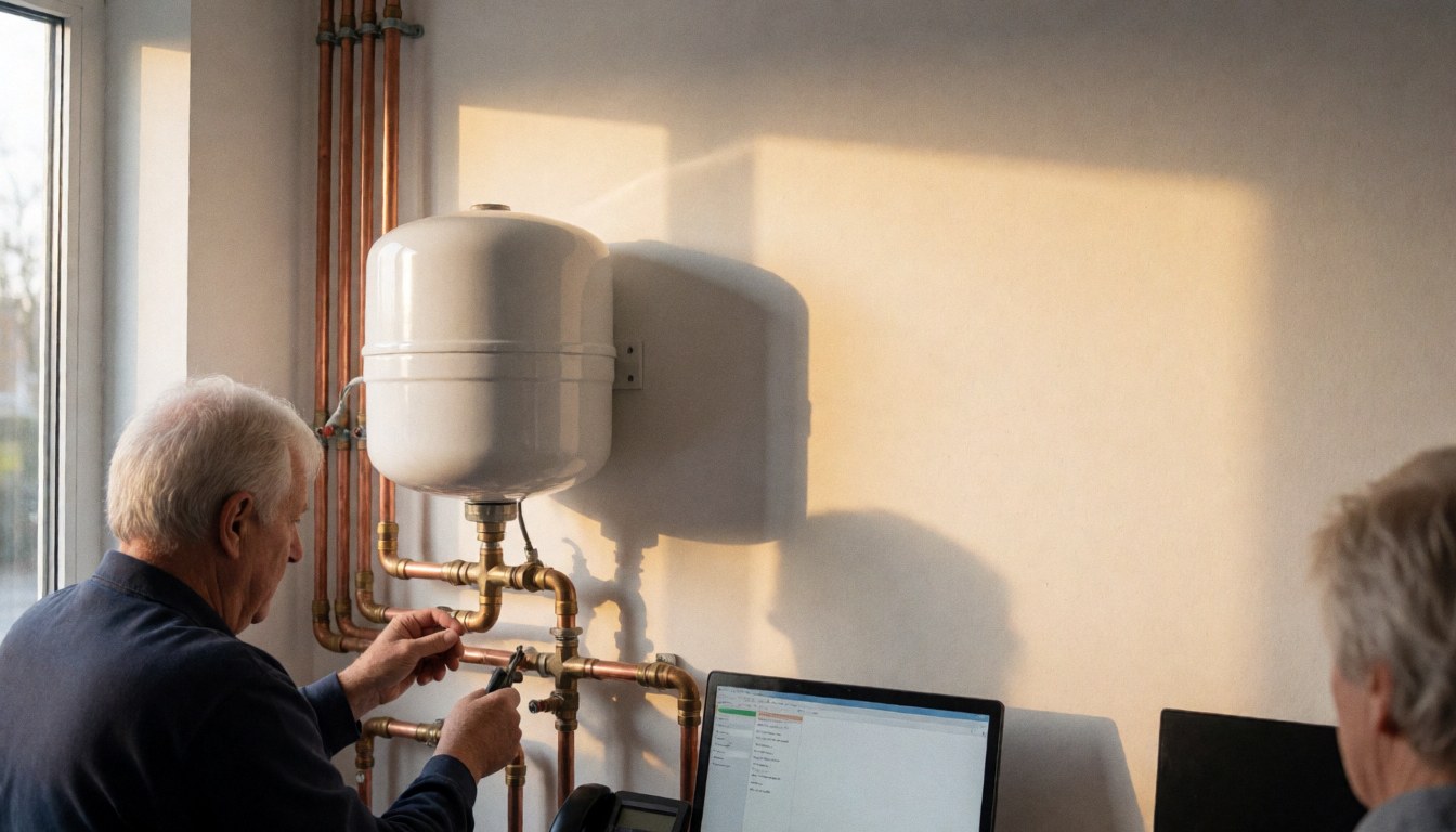 Un technicien ajuste des tuyaux en cuivre près d'un réservoir d'expansion blanc dans une salle de chauffage bien éclairée par la lumière du coucher de soleil.