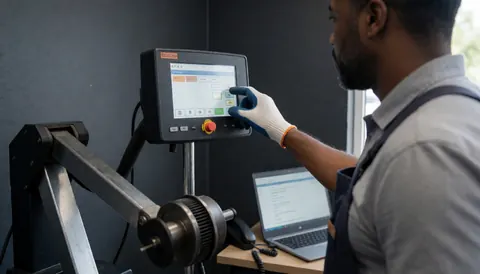 Technicien en gants ajuste l'écran d'un équilibreur numérique dans un atelier avec murs gris et équipement professionnel visible.