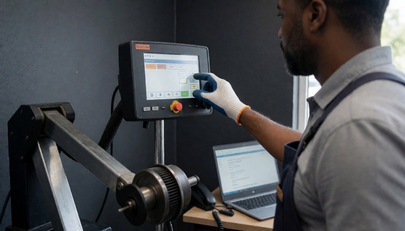 Technicien en gants ajuste l'écran d'un équilibreur numérique dans un atelier avec murs gris et équipement professionnel visible.