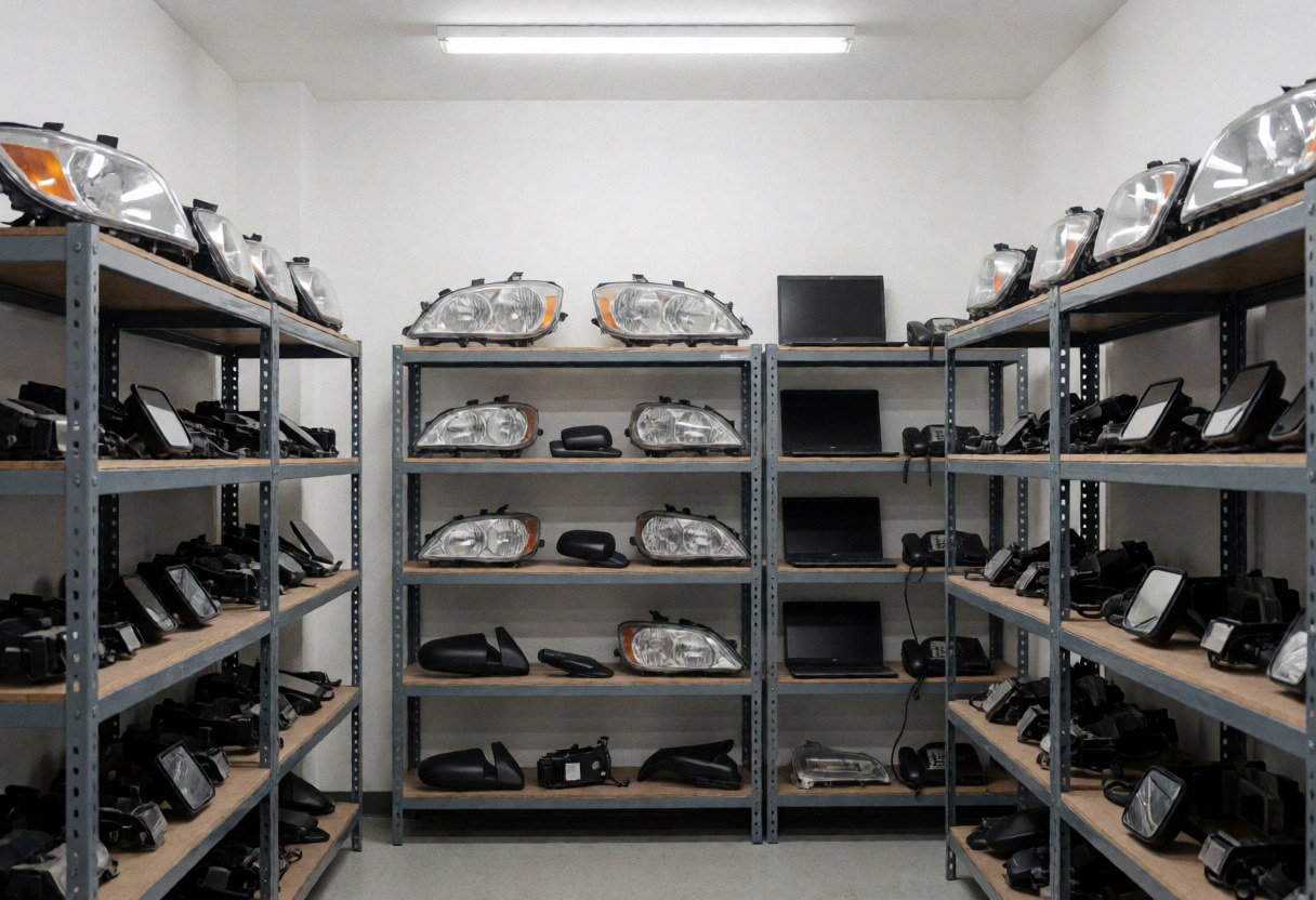 Entrepôt de recyclage automobile avec étagères métalliques remplies de phares, rétroviseurs et composants électriques, éclairé par des néons.