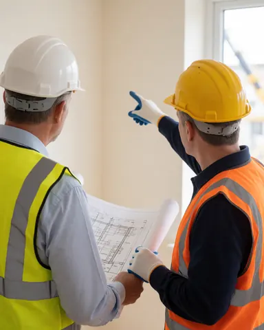 Un technicien et un client vérifient des plans sur un chantier. Une grue est visible en arrière-plan. Ils portent des casques et des gilets de sécurité.