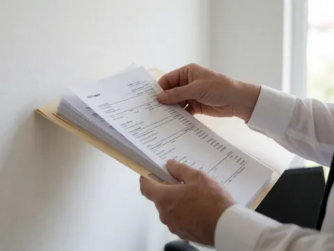 Mains d'un comptable vérifiant des factures dans un classeur beige sur fond blanc avec éclairage naturel pour services comptables