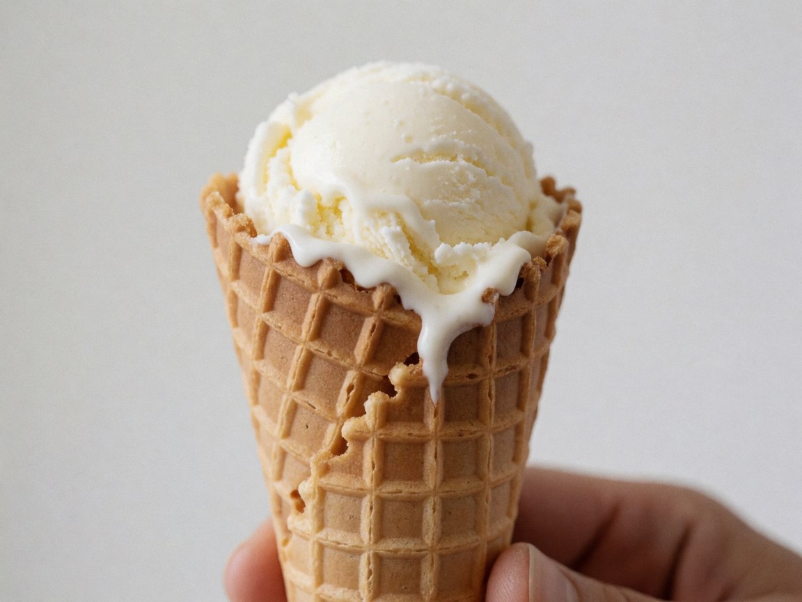 Glace vanille fondue tenue par une main dans un cône de gaufre sur fond blanc, idéal pour une pâtisserie ou un hôtel de luxe.