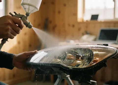 Mains appliquant un revêtement transparent au pistolet sur un phare de voiture dans un atelier aux murs en bois.