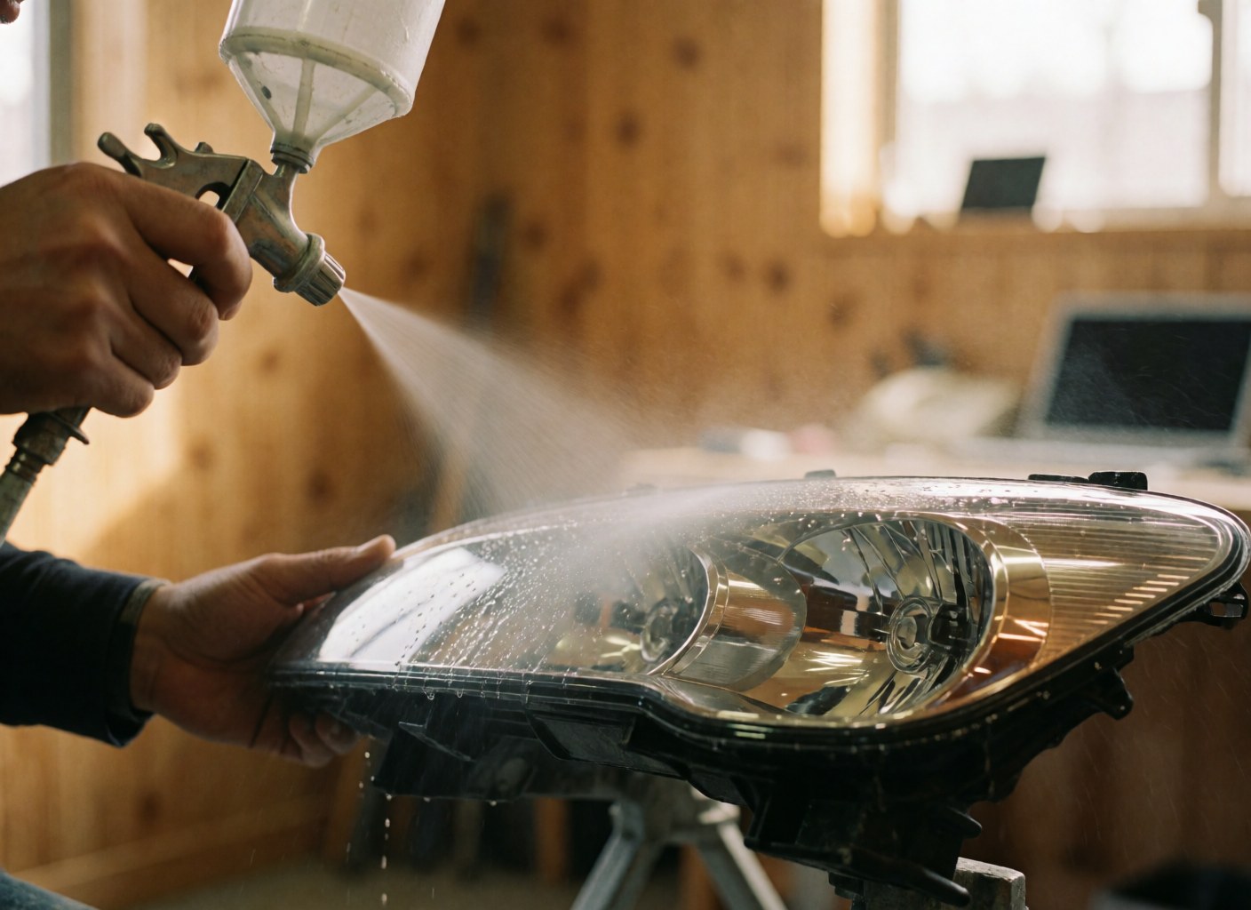 Mains appliquant un revêtement transparent au pistolet sur un phare de voiture dans un atelier aux murs en bois.