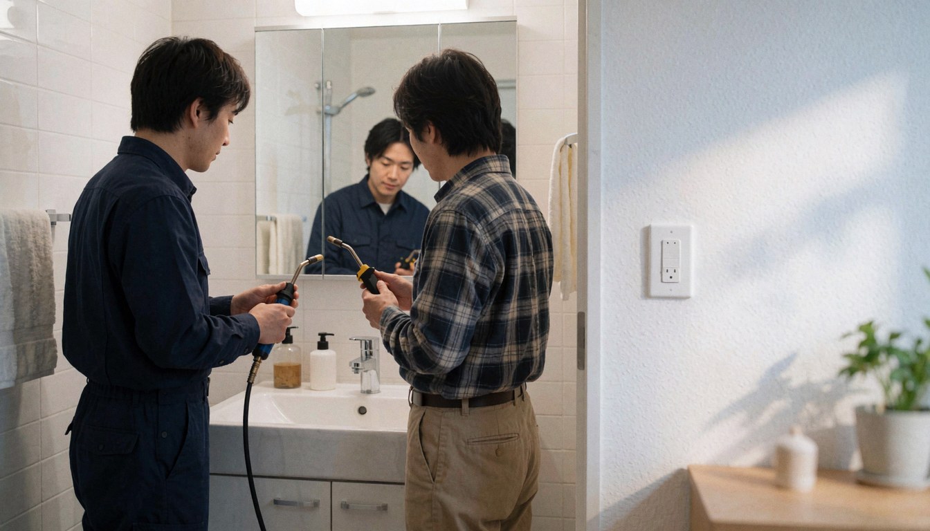 Deux plombiers effectuent une intervention dans une salle de bain moderne équipée d'un miroir et d'un lavabo, l'un tenant un tuyau et l'autre un outil.