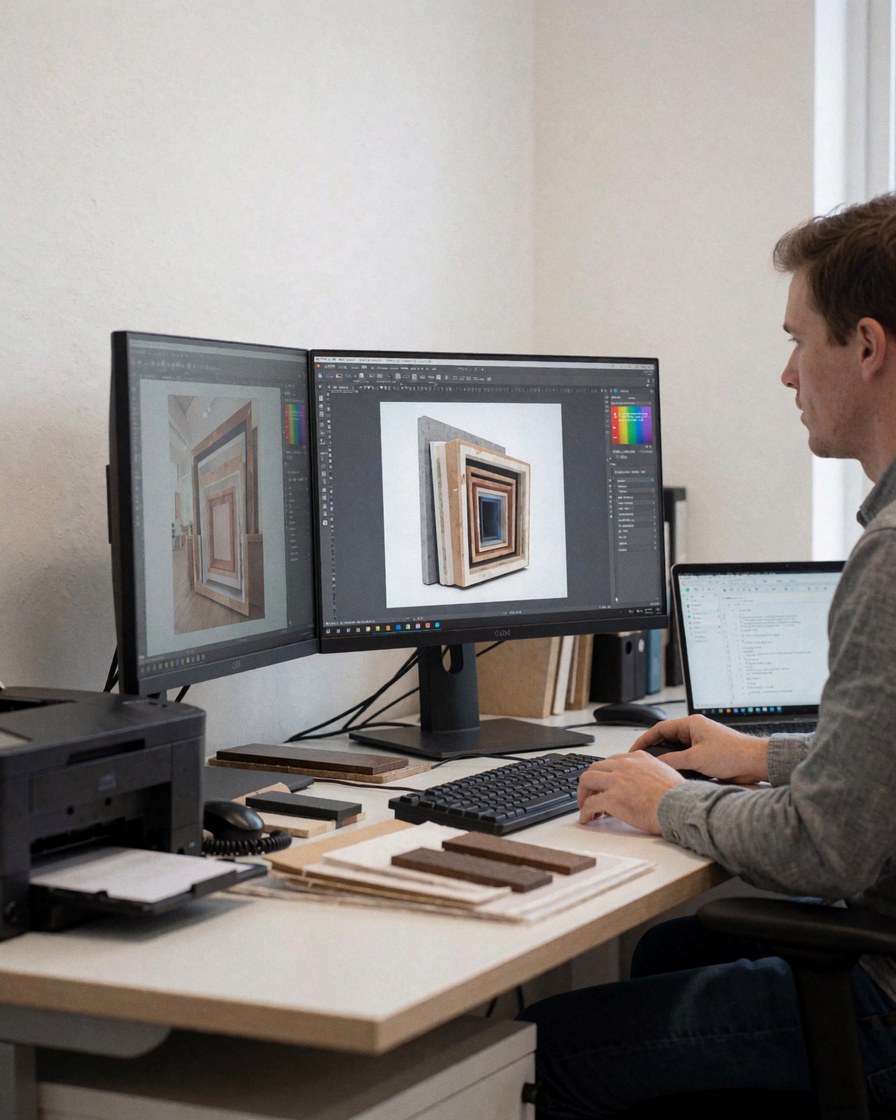 Un designer travaille à un bureau équipé de deux écrans, d'échantillons de bois et d'une imprimante dans un espace de travail moderne.