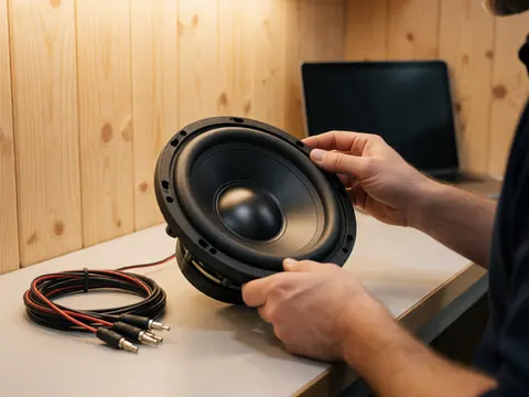 Technicien manipulant un subwoofer sur une table de travail dans un atelier audio, avec des câbles et des composants électroniques visibles.
