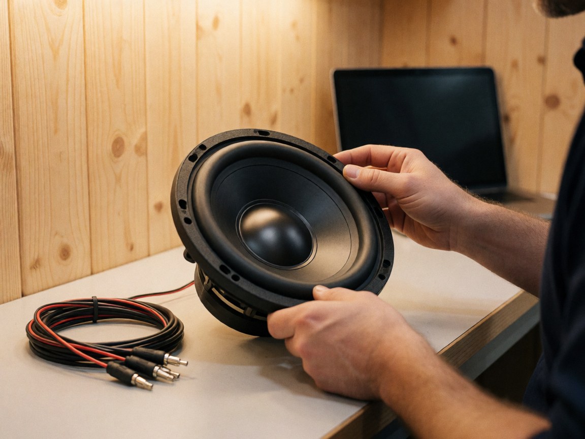 Technicien manipulant un subwoofer sur une table de travail dans un atelier audio, avec des câbles et des composants électroniques visibles.