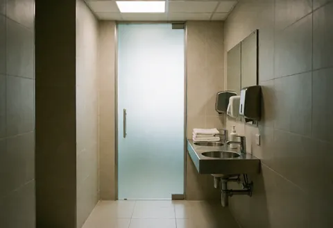 Salle de bain propre et moderne équipée d'une douche, d'un robinet métallique, idéale pour un centre de bien-être.