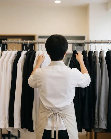 Vue de dos d'une personne rangeant des chemises blanches, noires et grises sur une étagère métallique dans un magasin.