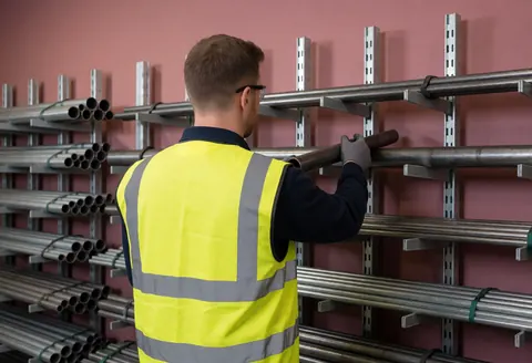 Un ouvrier en gilet de sécurité choisit un tube métallique dans un entrepôt industriel avec des étagères et des murs roses.