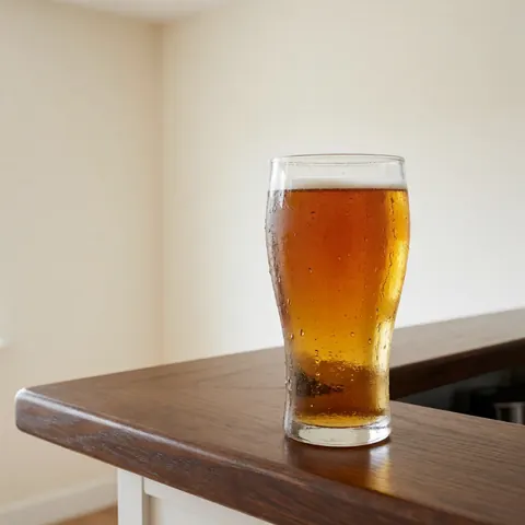 Un verre de bière fraîche parsemé de gouttelettes de condensation posé sur un comptoir en bois sombre, avec un fond blanc lumineux et une éclairage naturel vif.