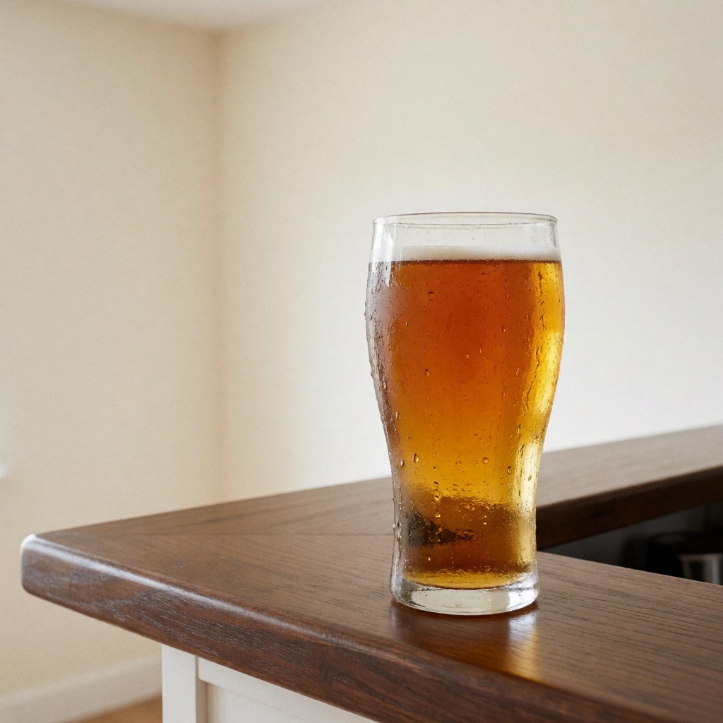 Un verre de bière fraîche parsemé de gouttelettes de condensation posé sur un comptoir en bois sombre, avec un fond blanc lumineux et une éclairage naturel vif.