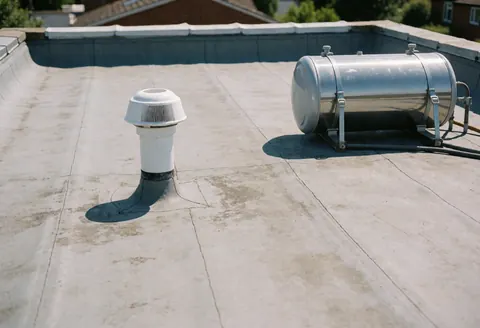 Plafond en béton supportant un réservoir d'eau en acier inoxydable et des tuyaux blancs, éclairé par un soleil intense, pertinent pour un réparateur de canalisations.