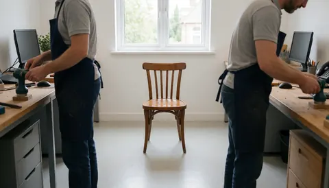 Deux professionnels restaurent une chaise en bois dans un atelier bien éclairé avec des tables de travail et des outils.