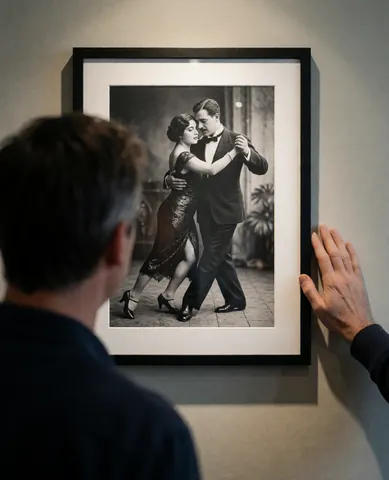 Un adulte observe une photo encadrée de danseurs de tango accrochée au mur, une main posée contre le mur, sous un éclairage doux et ciblé.
