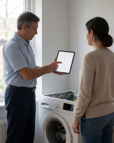 Un technicien montre un diagnostic sur une tablette à un client devant une machine à laver démontée dans un salon éclairé par la lumière naturelle.