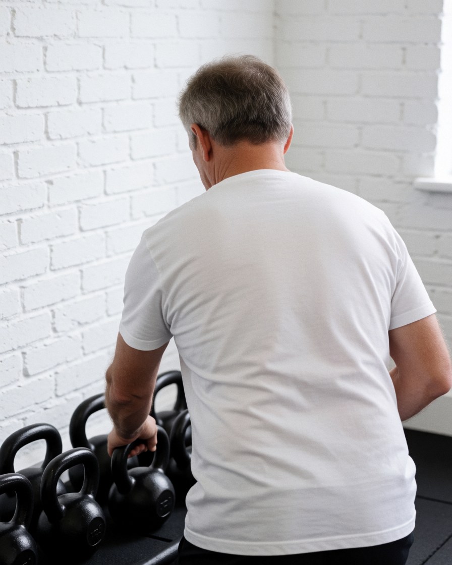 Un entraîneur de crossfit arrange des kettlebells noirs dans un gymnase à mur de briques blanches, préparation en cours.