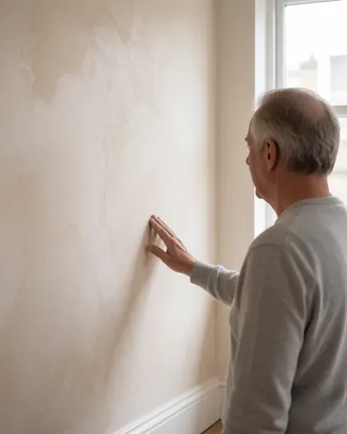 Un client inspecte un mur récemment peint avec une texture vénitienne, éclairage naturel et ambiance propre, idéal pour une entreprise de peinture décorative.