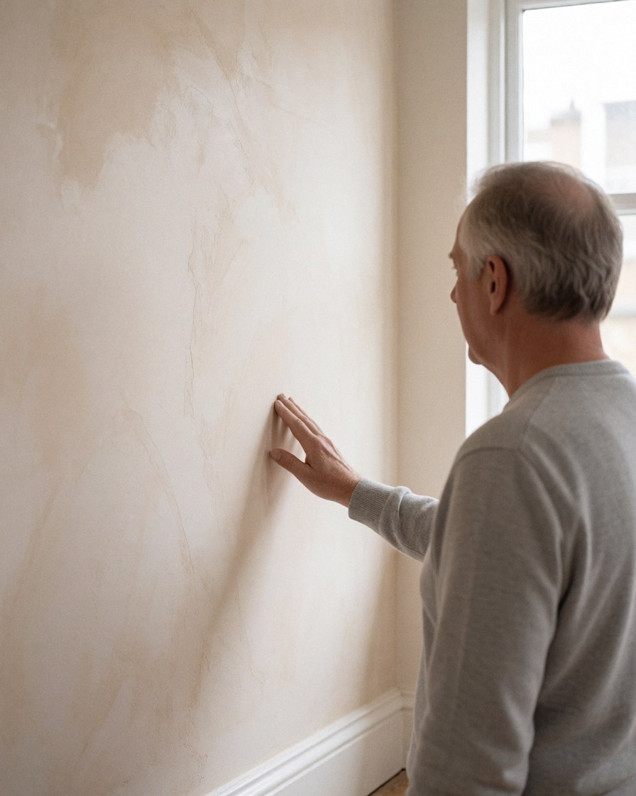 Un client inspecte un mur récemment peint avec une texture vénitienne, éclairage naturel et ambiance propre, idéal pour une entreprise de peinture décorative.