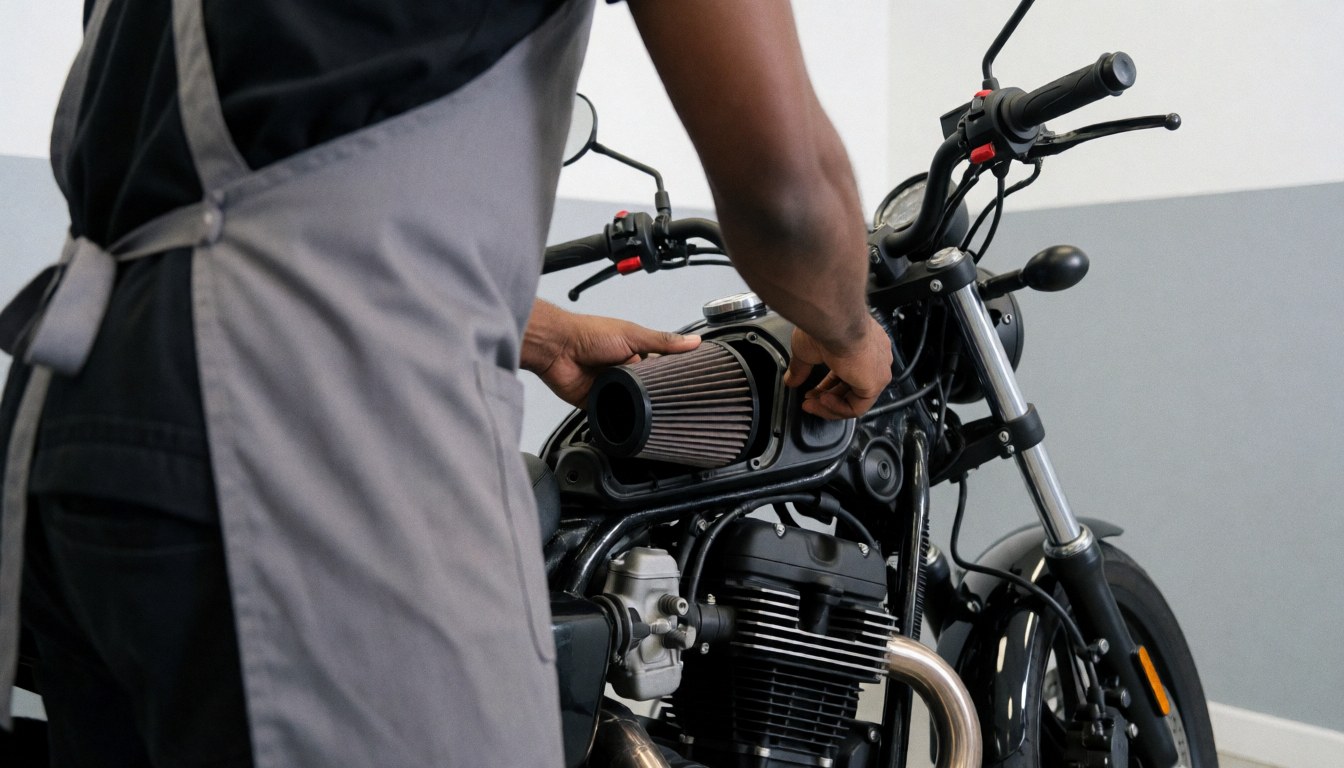 Un mécanicien professionnel installe un filtre à air sur une moto dans un atelier aux murs gris, illustrant un service de réparation en cours.