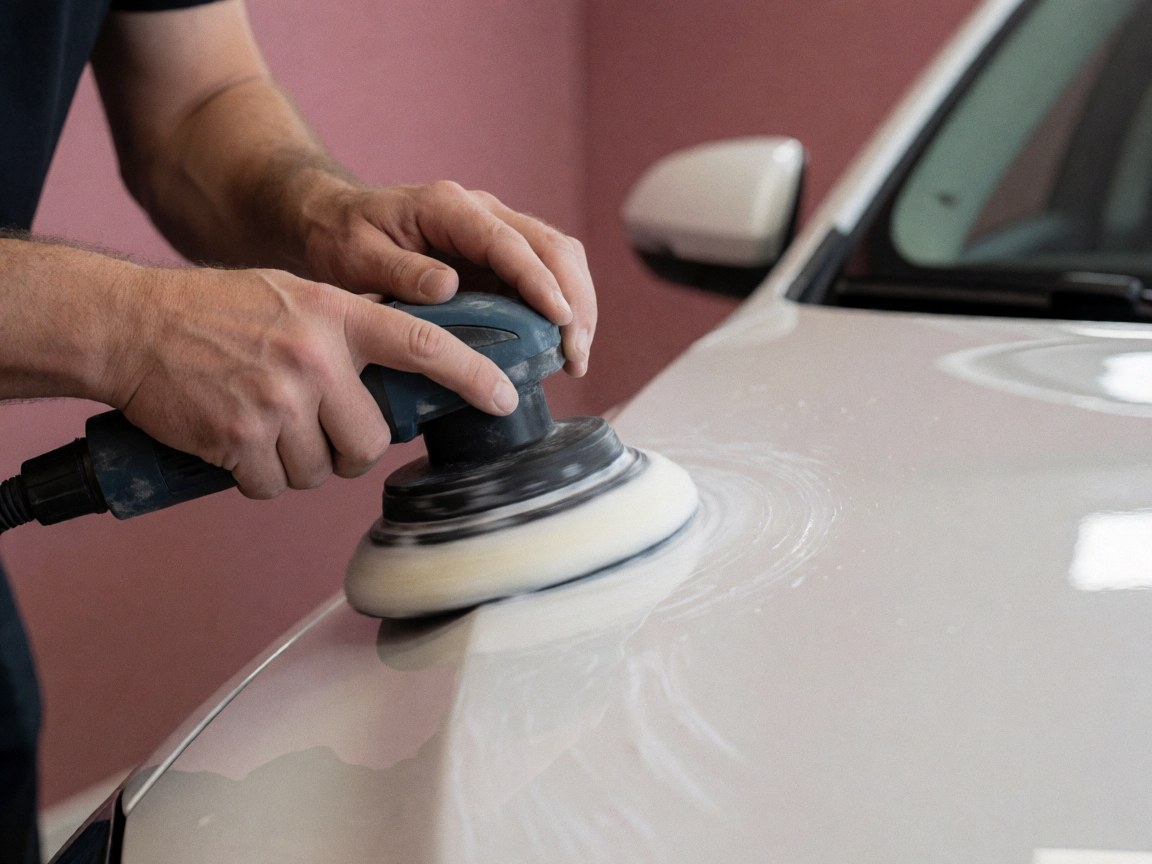 Mains utilisant une polisseuse pour appliquer un composé blanc sur la peinture d'une voiture devant un mur rose, détail de travail de carrosserie automobile.