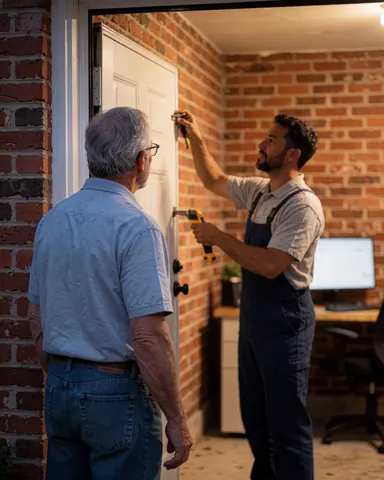 Technicien installant une porte de garage blanche dans un garage à mur de briques pendant que le client observe le service.