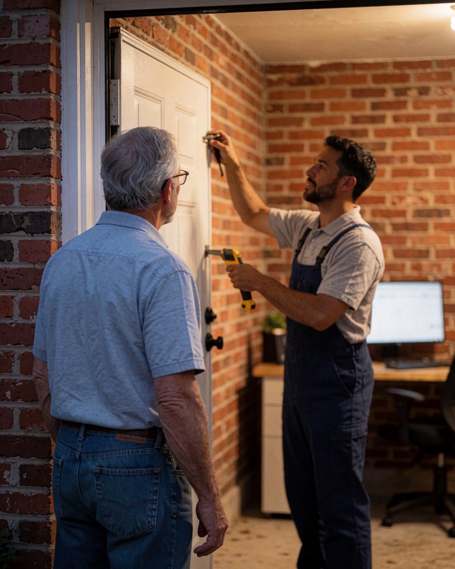 Technicien installant une porte de garage blanche dans un garage à mur de briques pendant que le client observe le service.