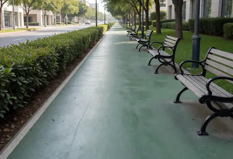 Chemin vert pour cyclistes bordé de bancs en bois, de haies bien entretenues et d'arbres, idéal pour les commerces de vélo.
