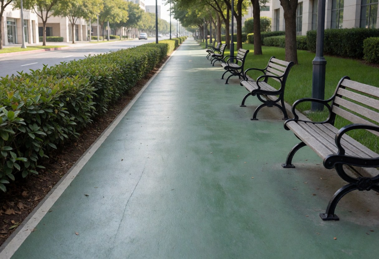 Chemin vert pour cyclistes bordé de bancs en bois, de haies bien entretenues et d'arbres, idéal pour les commerces de vélo.