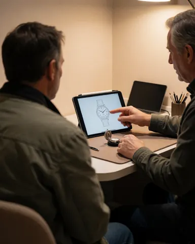 Un horloger et un client examinent une montre ouverte sur une table lors d'une consultation, avec un diagramme affiché sur une tablette et des murs beige en arrière-plan.