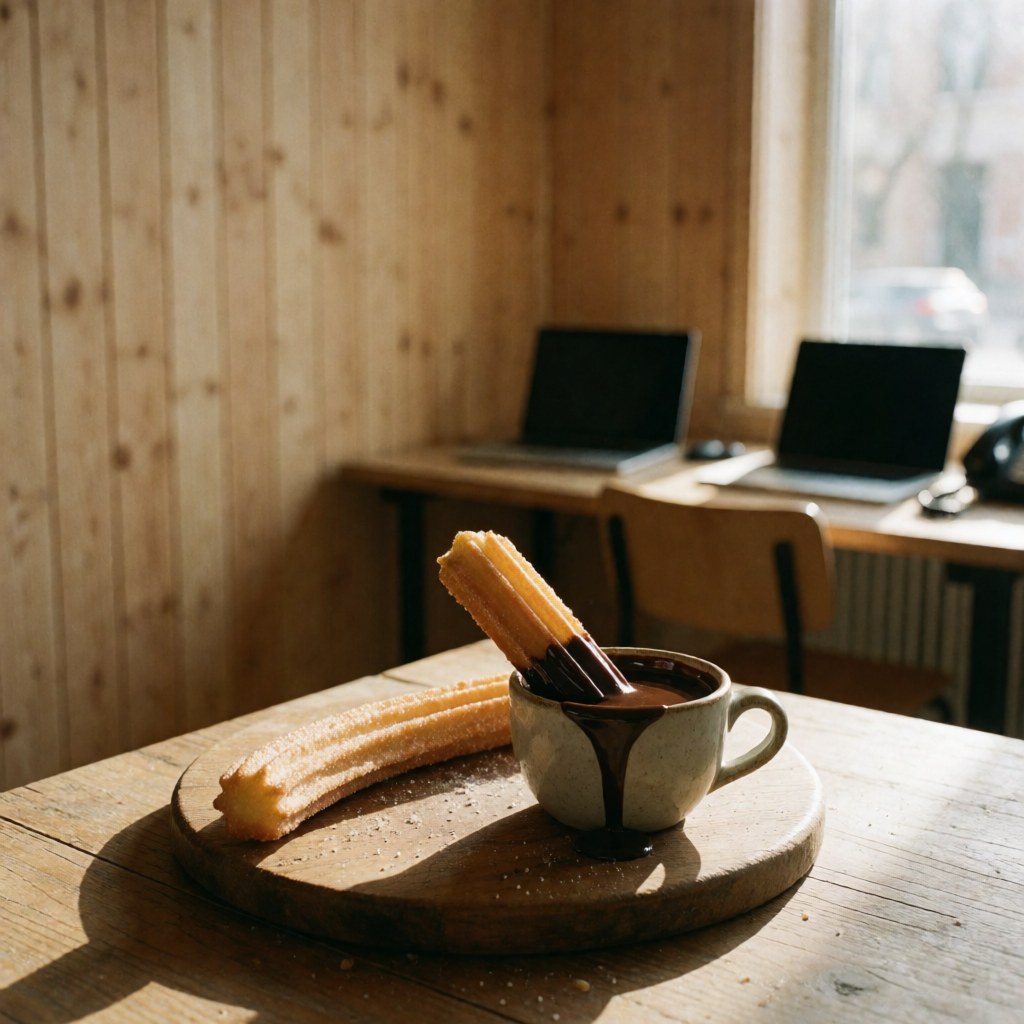 Churro fraîchement frit accompagné d'une tasse de chocolat sur une table en bois, éclairé par la lumière naturelle, créant une ambiance chaleureuse de café.