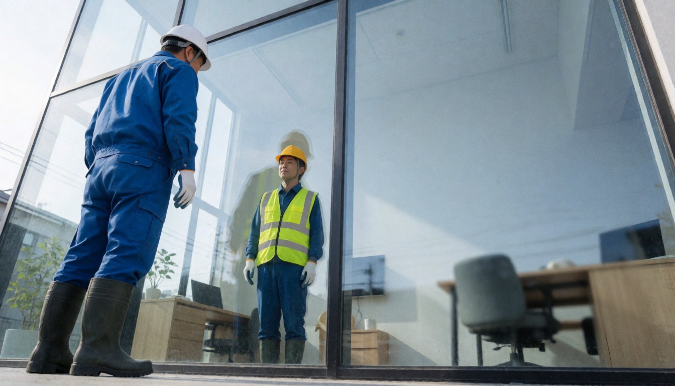 Un ouvrier en équipement de sécurité nettoie une grande vitre avec un reflet de bureau visible, illustrant un service de nettoyage professionnel en cours.