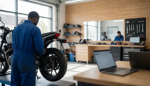 Mécanicien en bleu réparant la roue arrière d'une moto dans un atelier moderne avec des murs en bois et des outils suspendus.