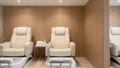 Intérieur d'un salon de beauté moderne avec chaises de luxe, bassins de pédicure, servisses et murs en bois clair.