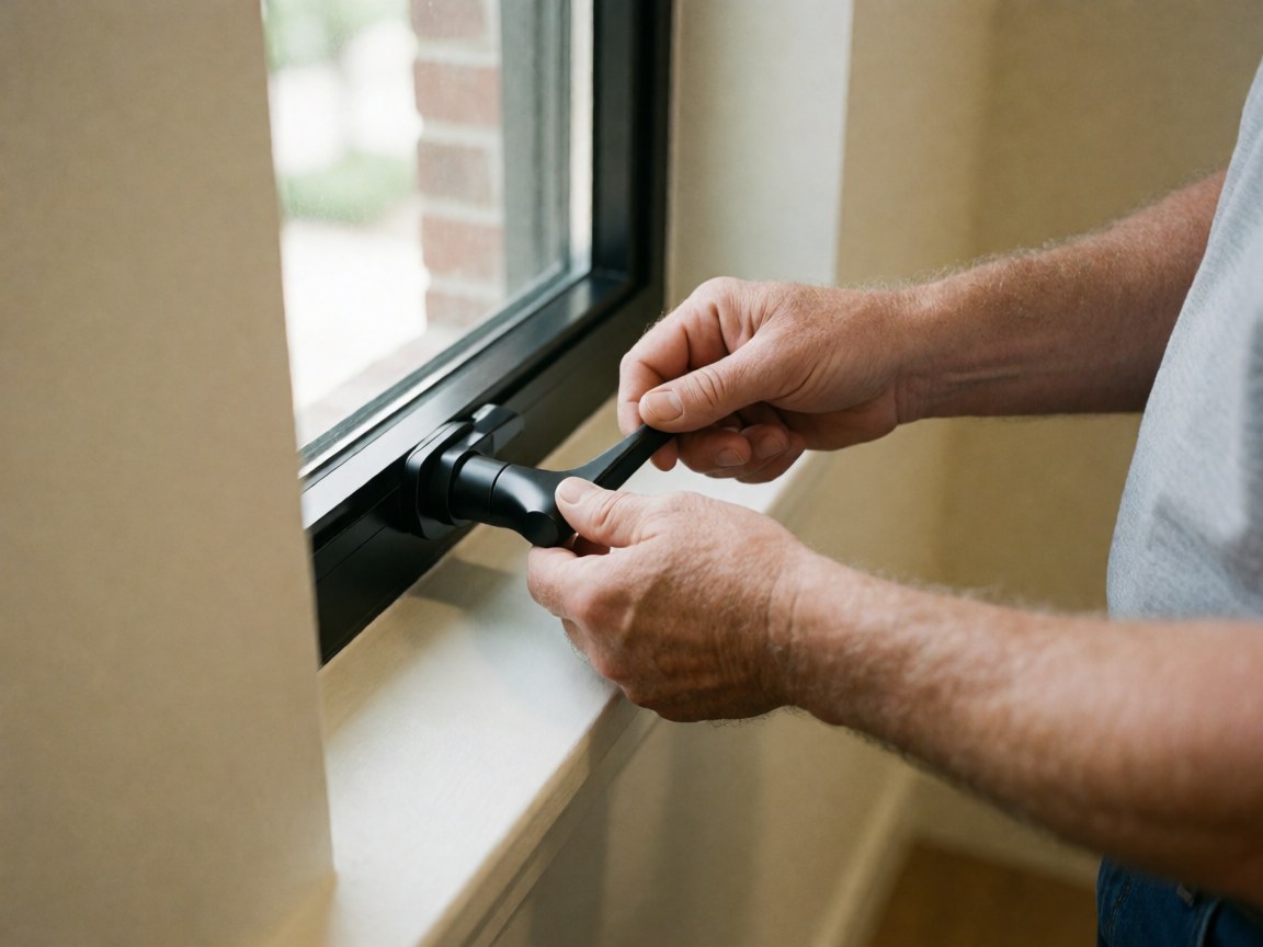 Main ajustant une poignée de fenêtre noire sur un cadre en aluminium, mur beige, lumière naturelle, détail de réparation de fenêtres.