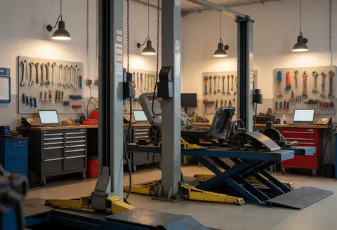 Carrosserie automobile en cours de réparation sur un élévateur hydraulique dans un atelier avec des outils sur des étagères et un éclairage industriel.