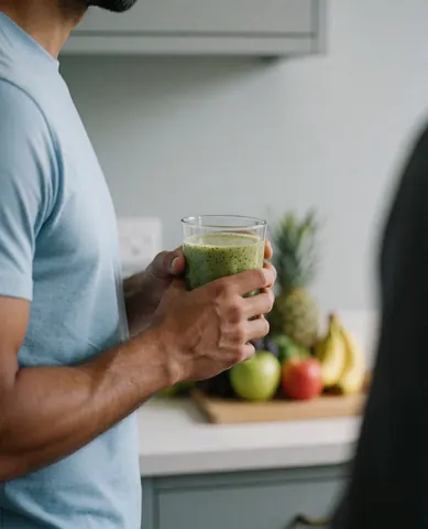 Un homme tient un verre contenant un smoothie vert, avec des fruits frais en arrière-plan, évoquant une scène de nutrition sportive et de santé.