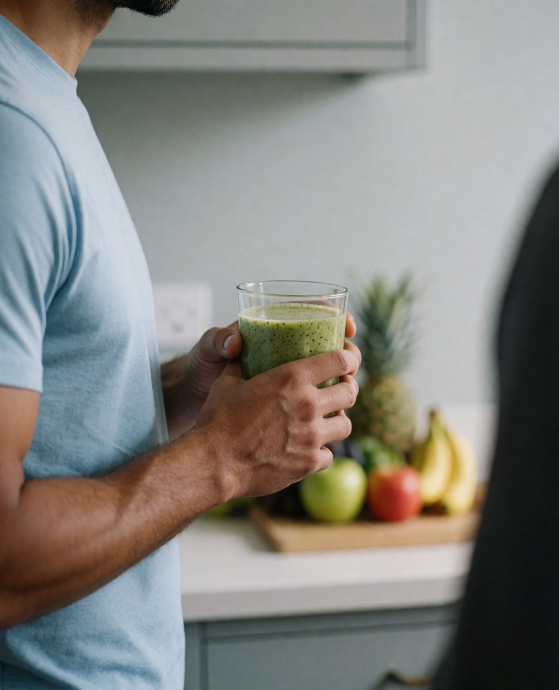 Un homme tient un verre contenant un smoothie vert, avec des fruits frais en arrière-plan, évoquant une scène de nutrition sportive et de santé.