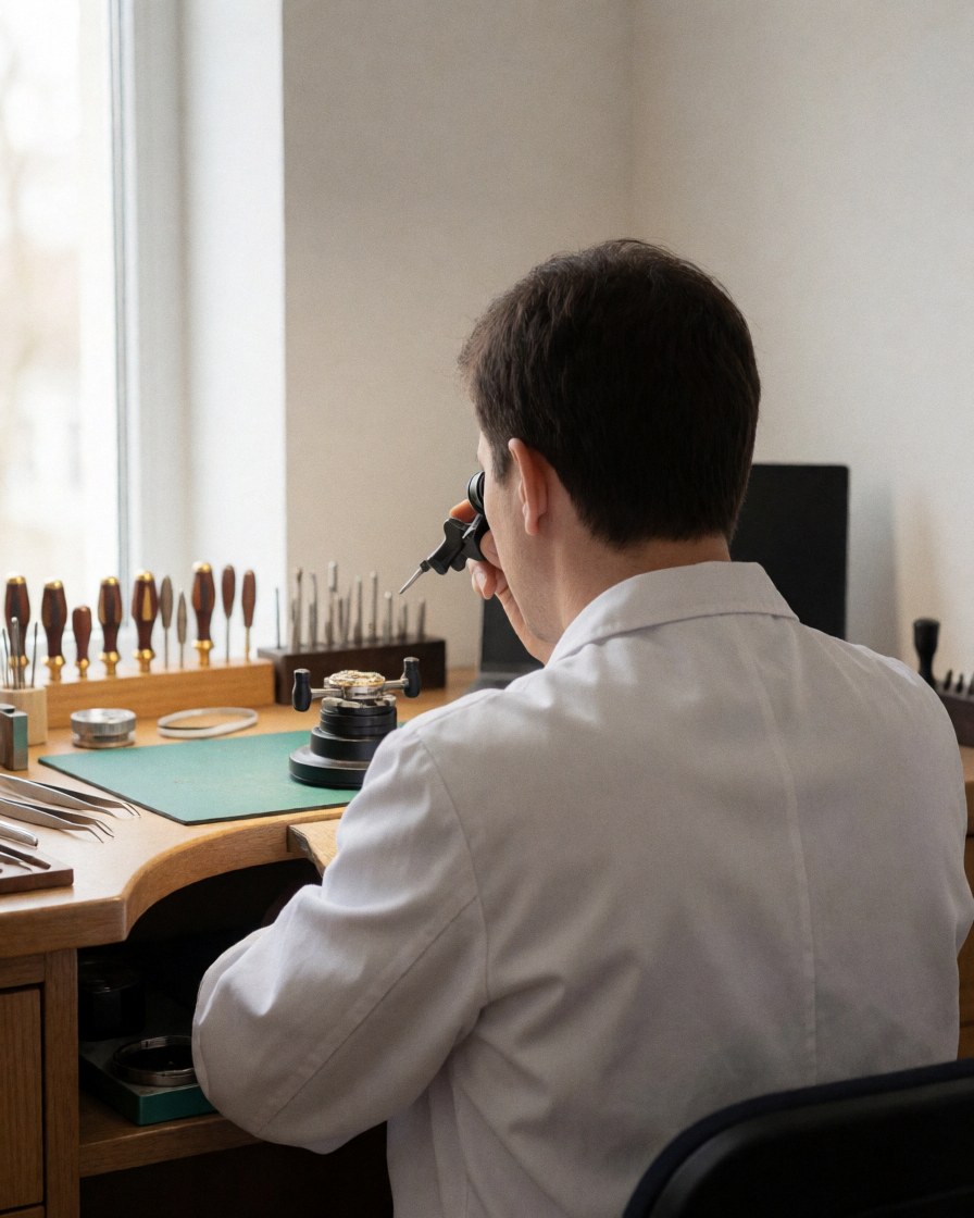 Un horloger portant une blouse blanche inspecte attentivement le mouvement d'une montre à l'aide d'une loupe dans son atelier, avec des outils de réparation visibles sur la table en bois.